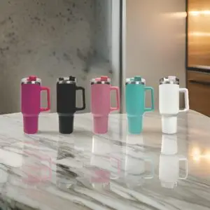 40oz Powder Coated Silver Plated Tumbler with Lid and Straw, removable Handle, Stainless Steel Double Wall insulated Cup